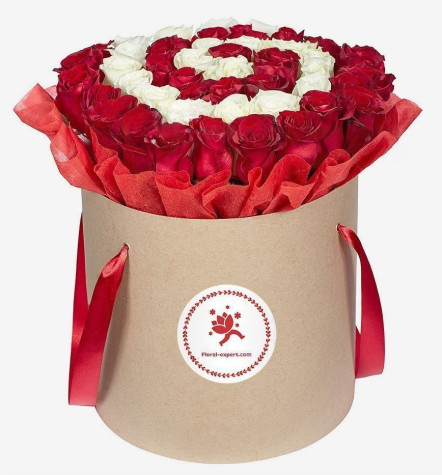 Коробка красных и белых роз